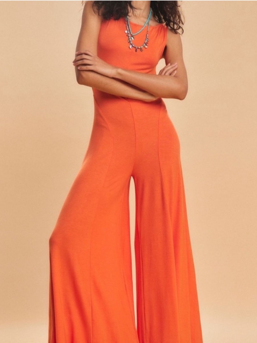 Free People Vibrant Orange Sleeveless Wide-Leg Jumpsuit